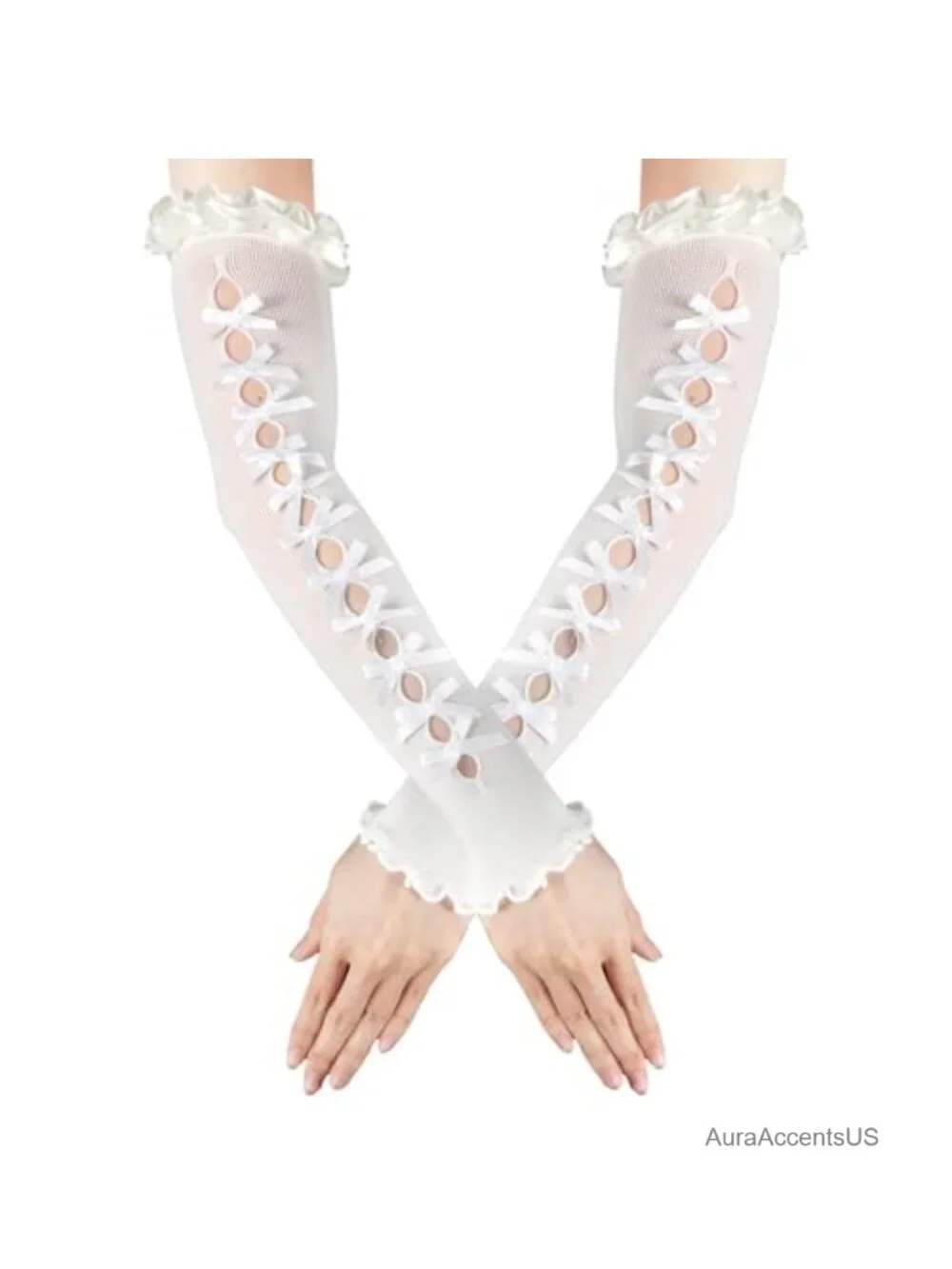 Fingerless Lace Gloves Arm Warmers with Bow Y2K Lolita